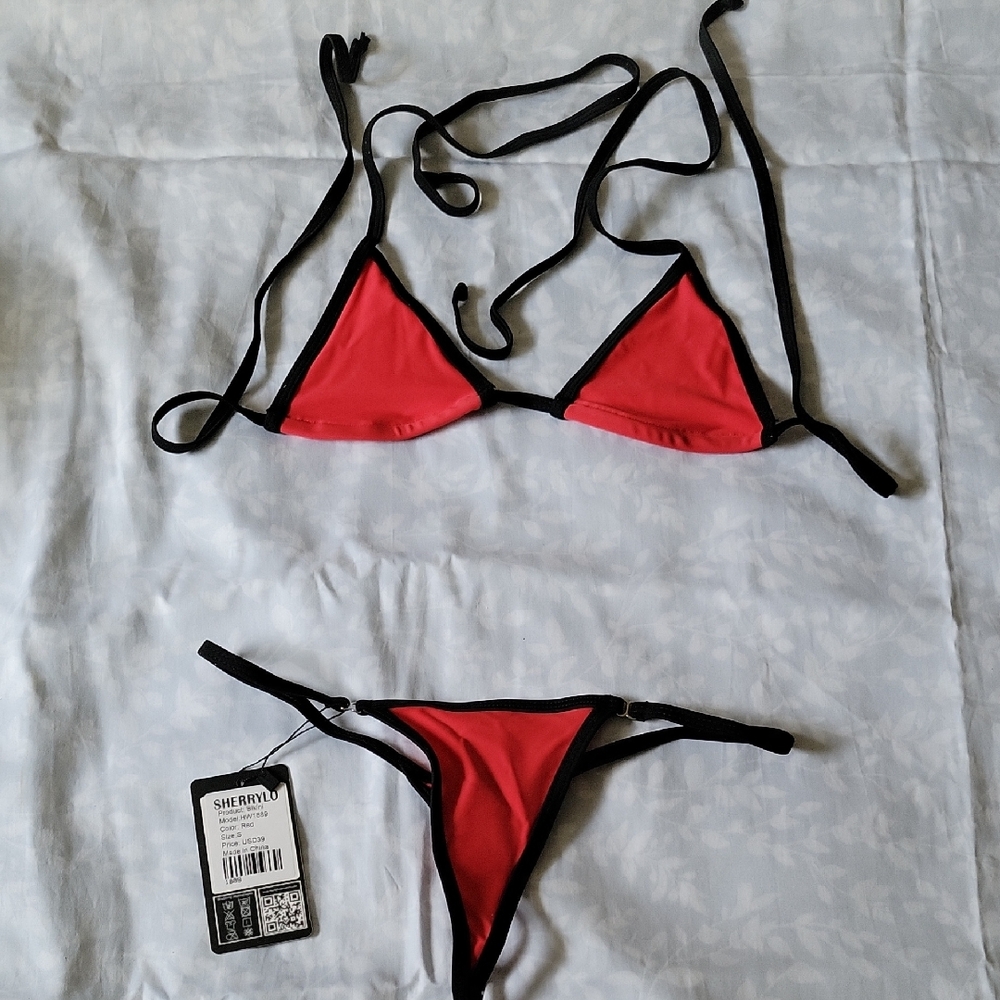 Red and Black String Thong Bikini